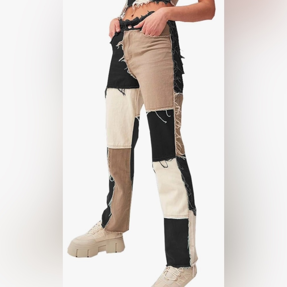 Patchwork straight leg jeans with raw hem